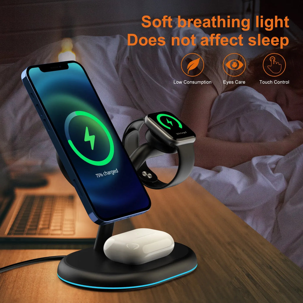 Black three-in-one magnetic wireless charging station for mobile phone, smartwatch, and wireless earbuds.