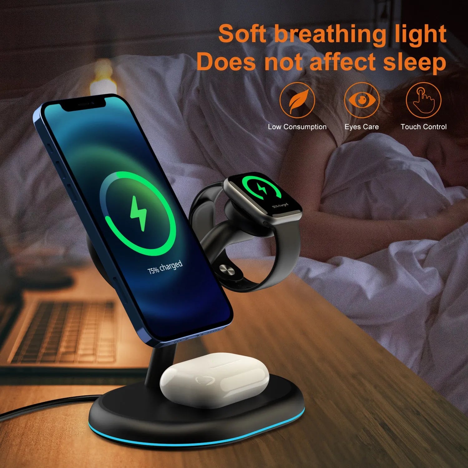Black three-in-one magnetic wireless charging station for mobile phone, smartwatch, and wireless earbuds.