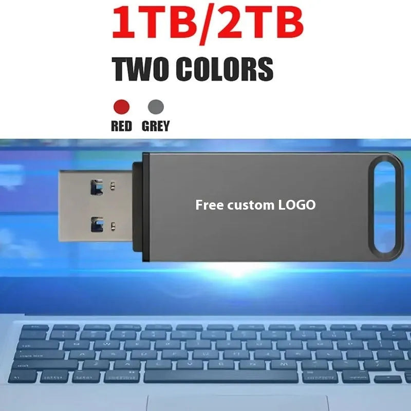 Metal USB flash drive in black, red, and silver colours showing custom graphic design options.