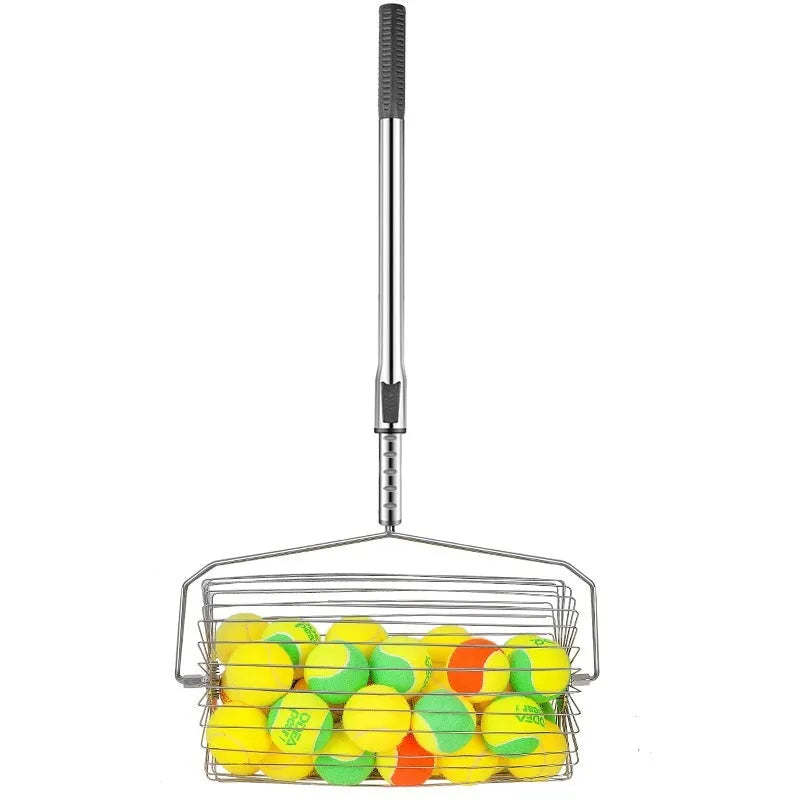 Stainless steel rolling tennis ball picker shown in large size on a tennis court.