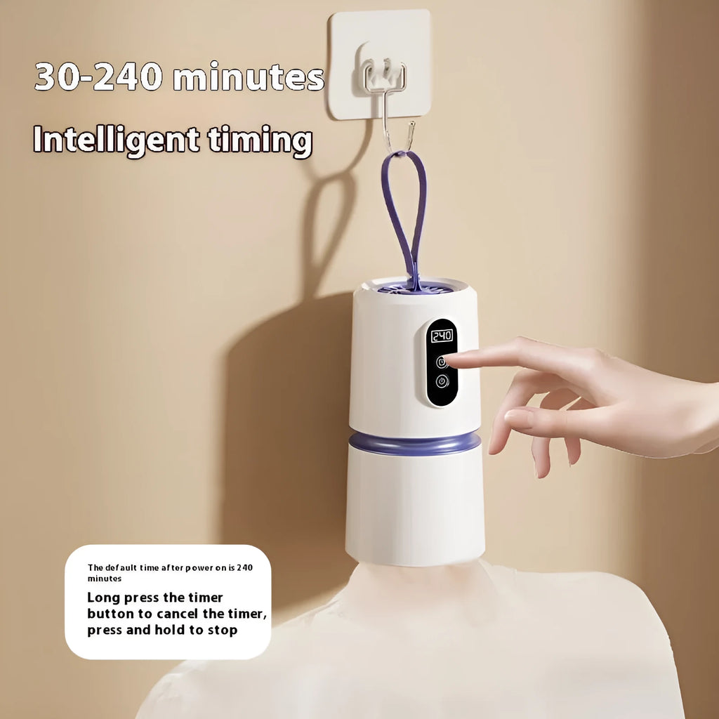 White cylindrical mini household air dryer with PTC heating, 85x85x166mm, includes drying bag
