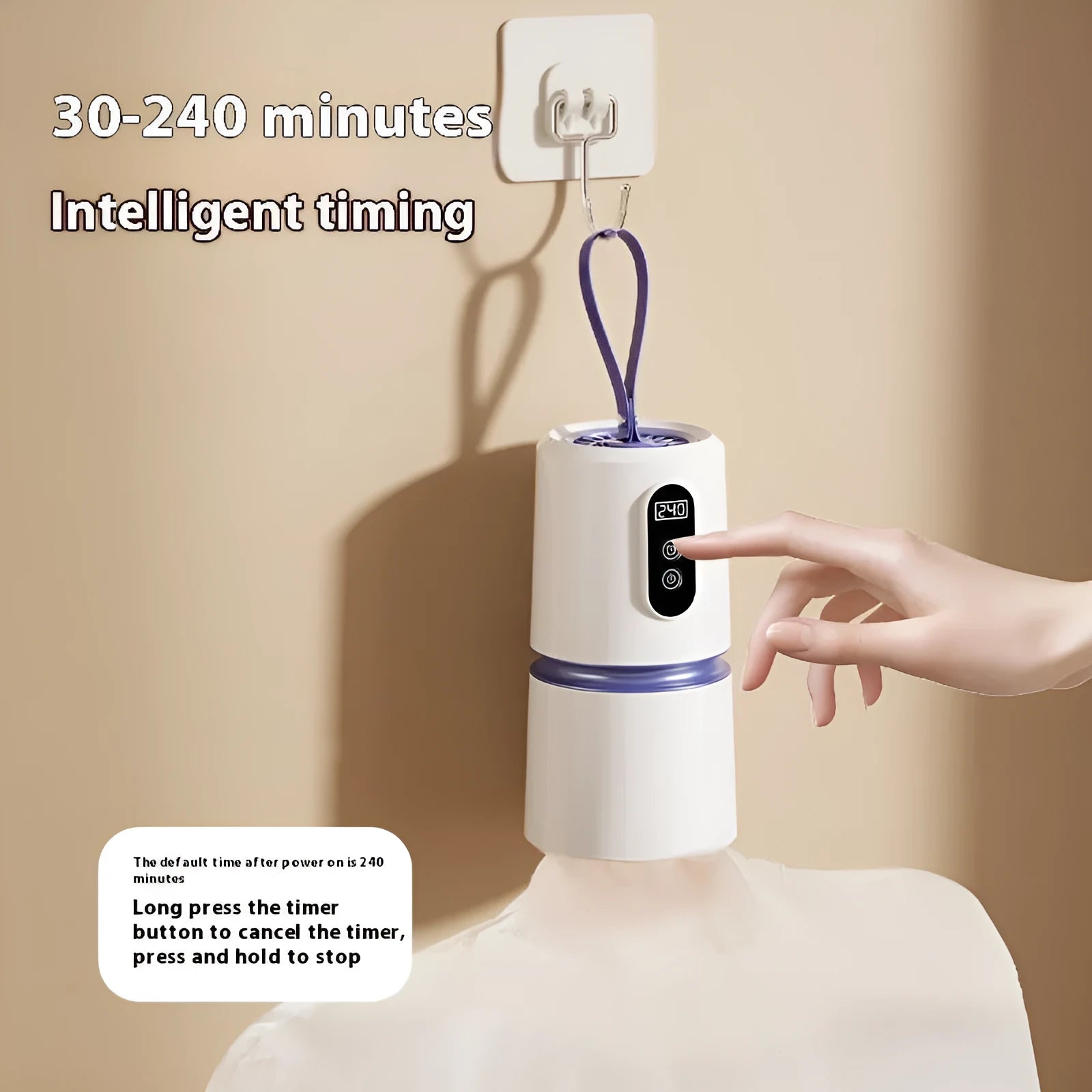 White cylindrical mini household air dryer with PTC heating, 85x85x166mm, includes drying bag