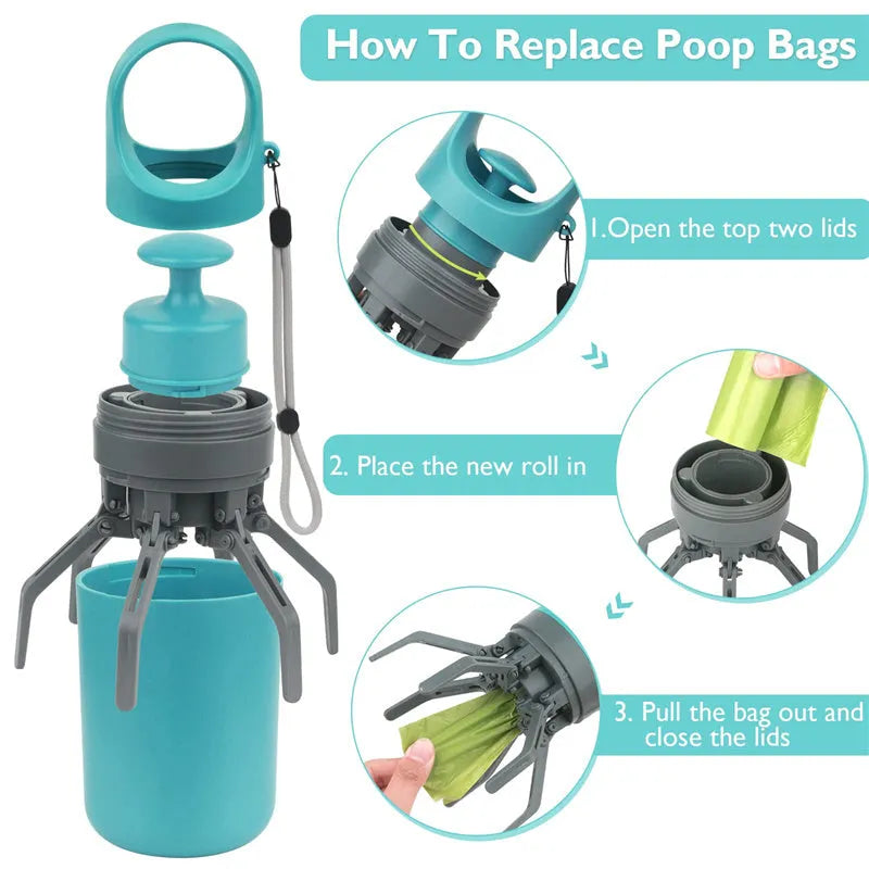 Blue portable dog poop scooper with built-in bag dispenser and eight-claw shovel mechanism