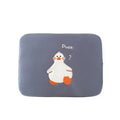 Blue cotton iPad case with embroidered cartoon duck design and a zipper.