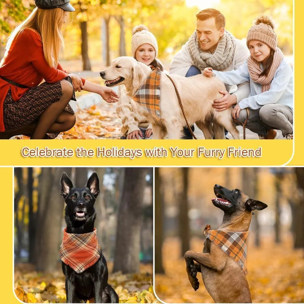 Plaid triangle dog bandana with tassel edges in autumn colours like brown, green, and orange.