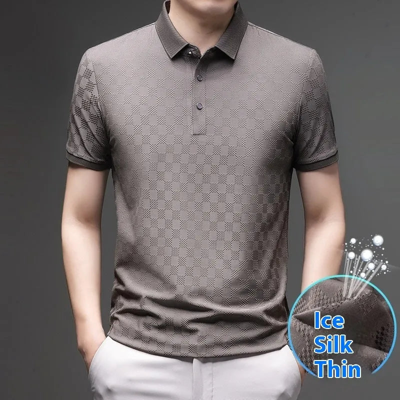 Rhombus thin ice silk short sleeve t-shirt in black on a hanger, showing slit hem detail.