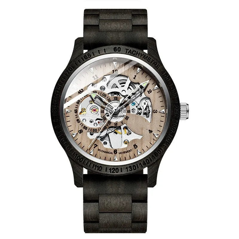 Men's sandalwood automatic mechanical watch with 44 mm wood and alloy case and leather strap