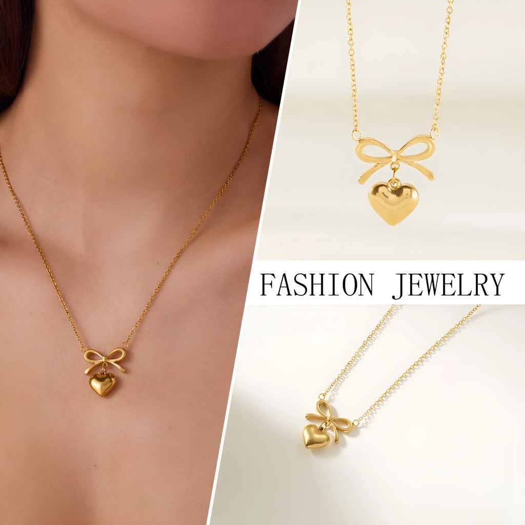 Stainless steel love heart bowknot charm choker necklace for women, adjustable 41–50cm perimeter, waterproof finish