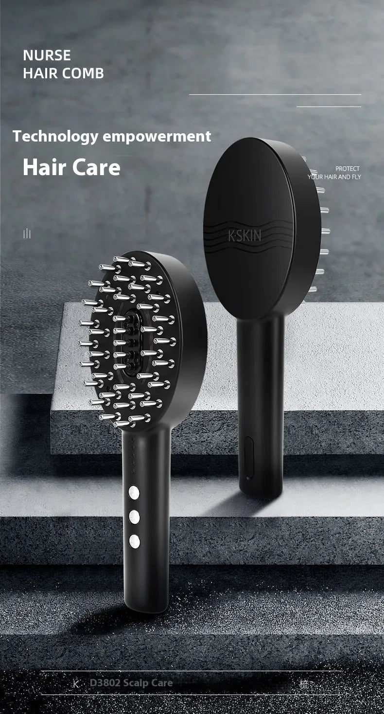 KD3802 black scalp vibration massager device with charging cable on a neutral background.