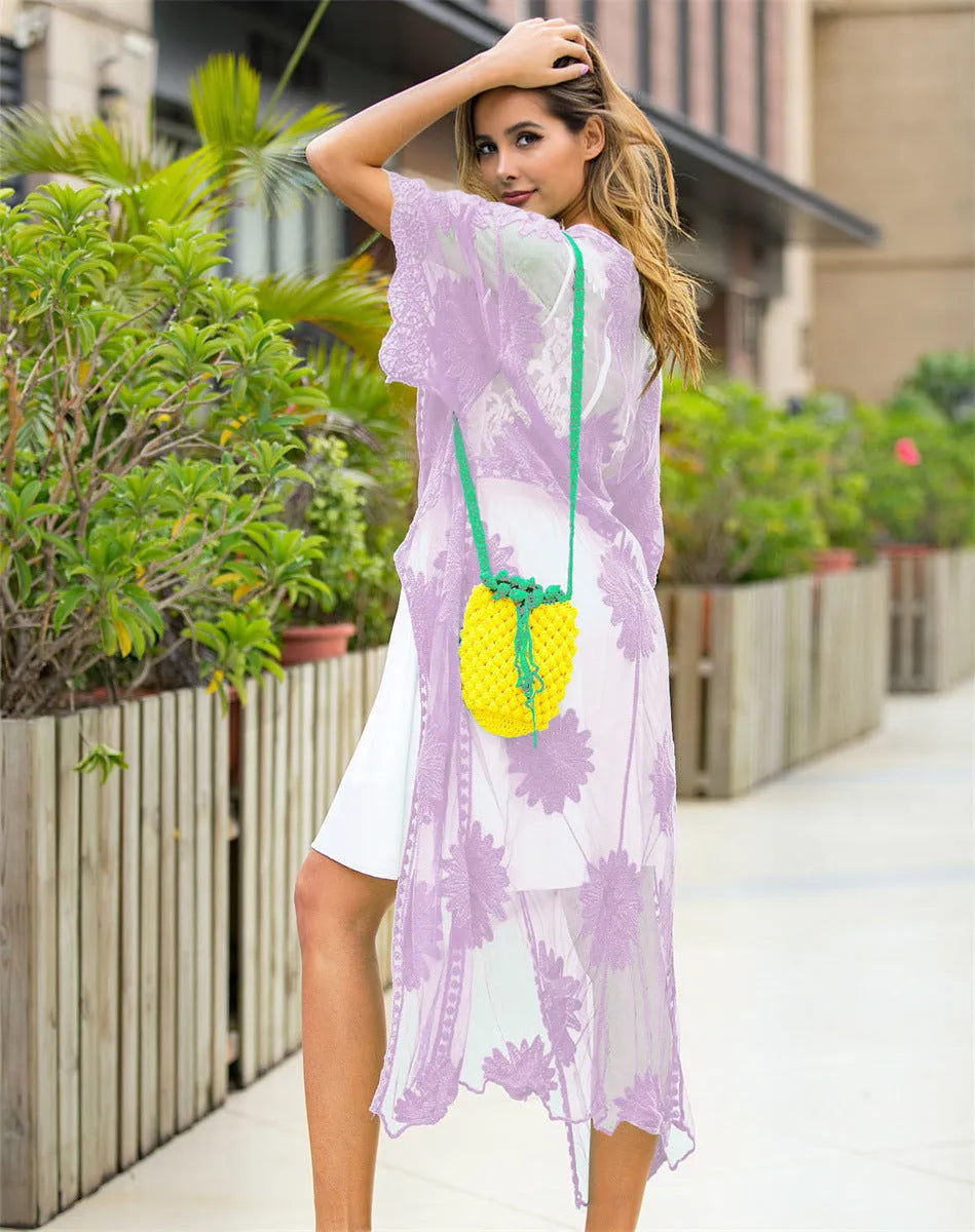 Light purple lace-embroidered beach dress cardigan blouse for women, free size.