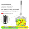 Stainless steel rolling tennis ball picker shown in large size on a tennis court.