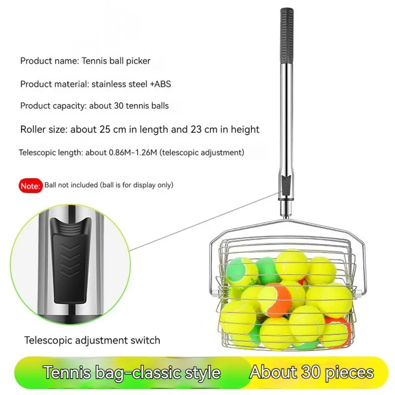 Stainless steel rolling tennis ball picker shown in large size on a tennis court.