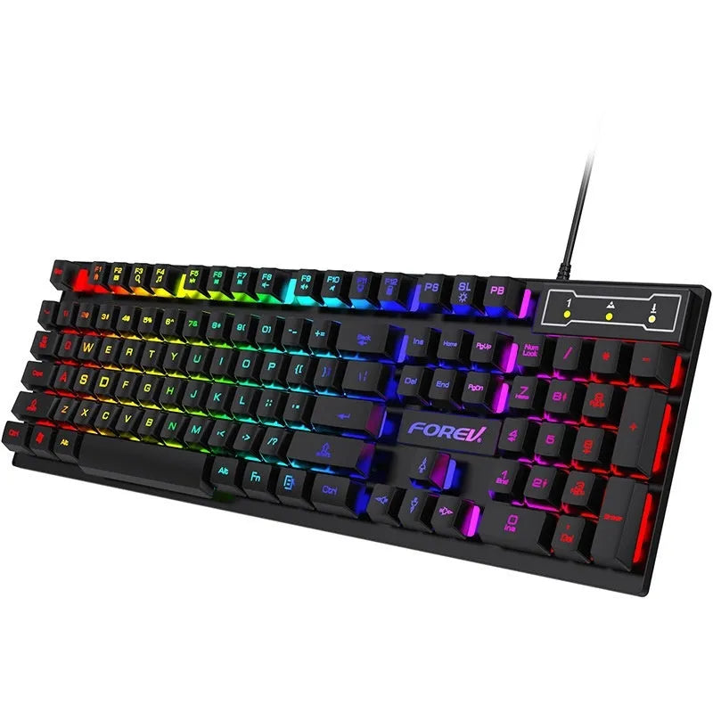 FV-Q1 wired luminous keyboard with six-colour backlight on a desk, connected to a computer