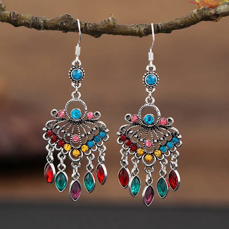 Purple retro crystal fringe earrings with ethnic styling and drop shape design