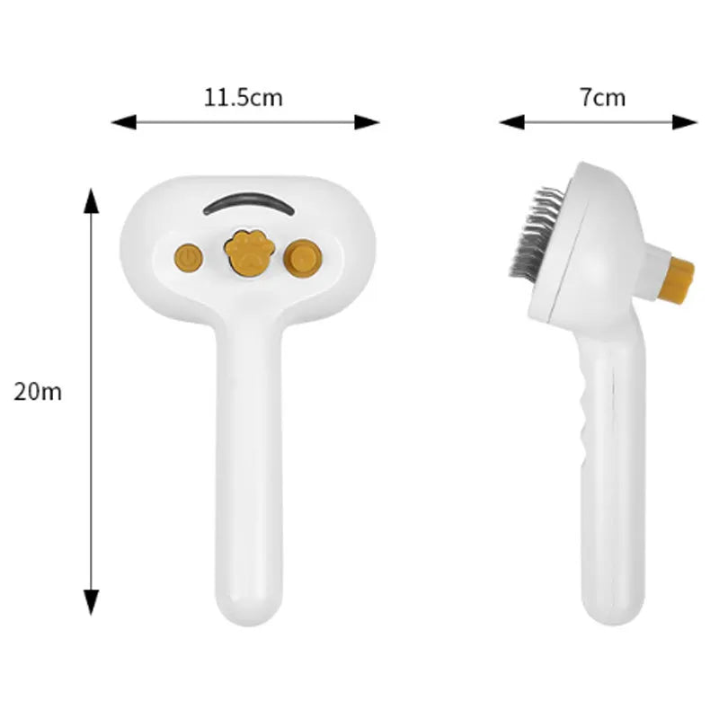 White pet grooming brush with steam function and self-cleaning mechanism for dogs and cats