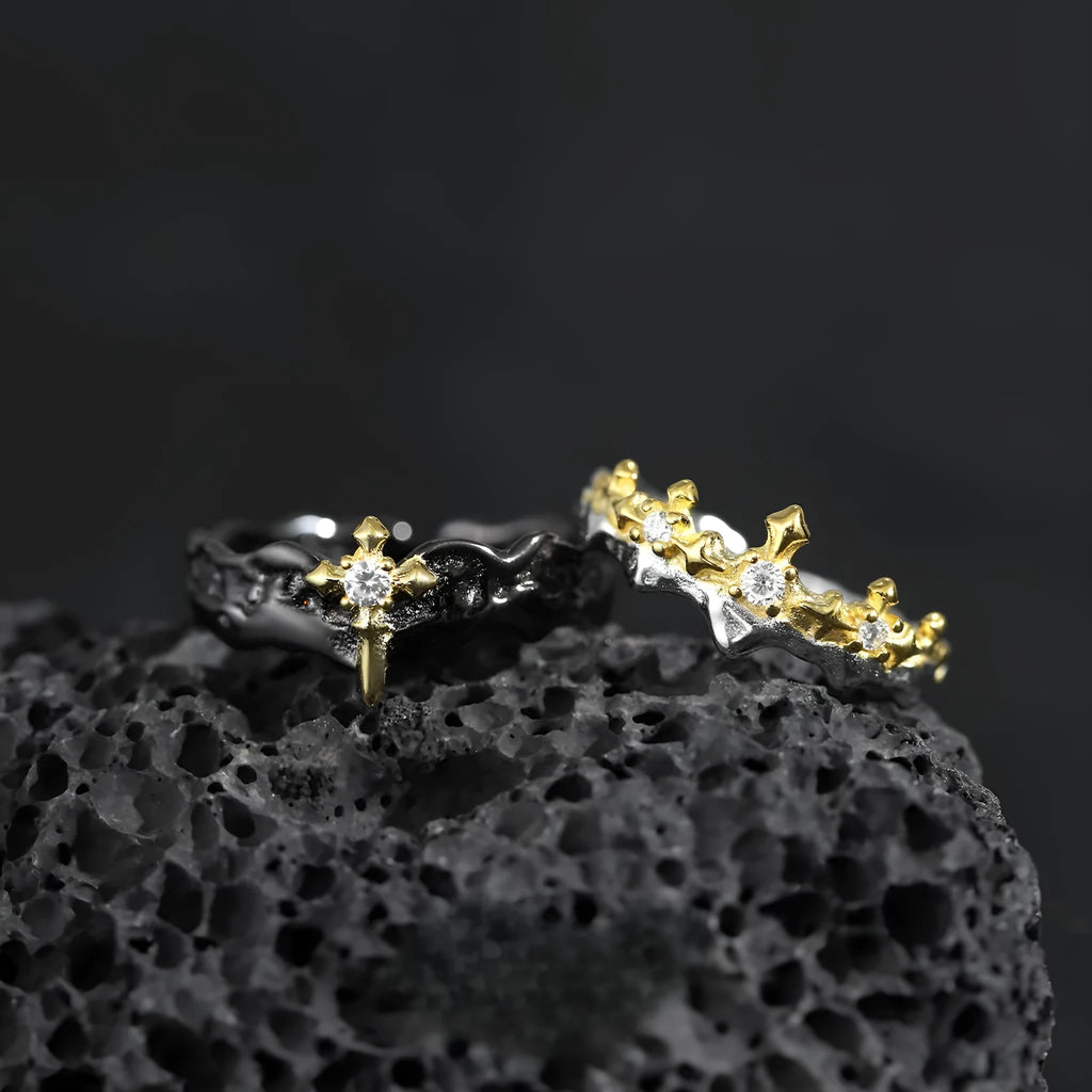 Silver adjustable opening couple ring with electroplated white gold or black gold finish