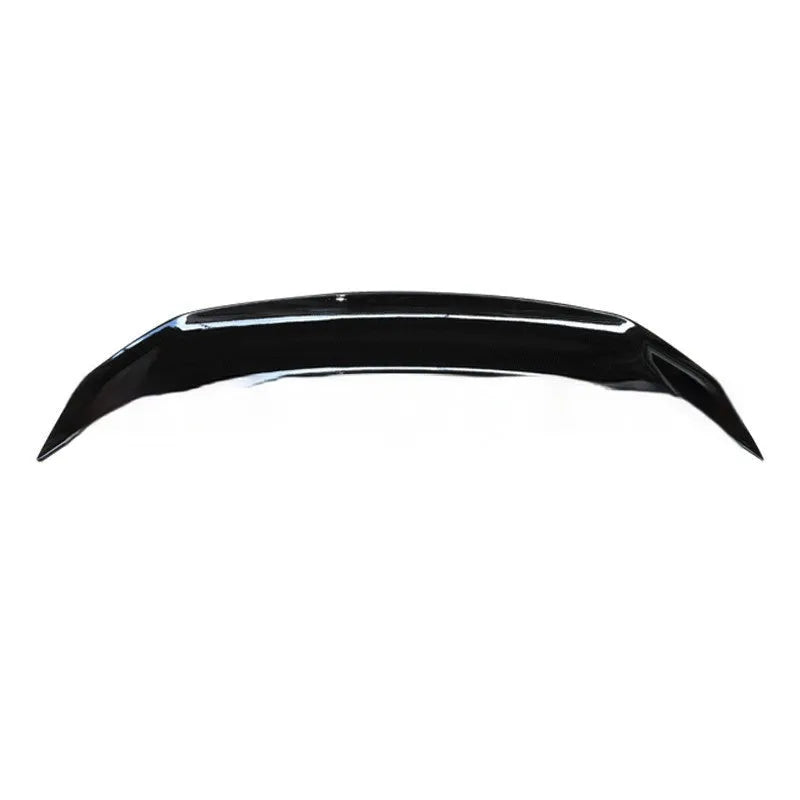 Universal punch-free car tail wing spoiler in ABS plastic shown in bright black and carbon pattern finishes.