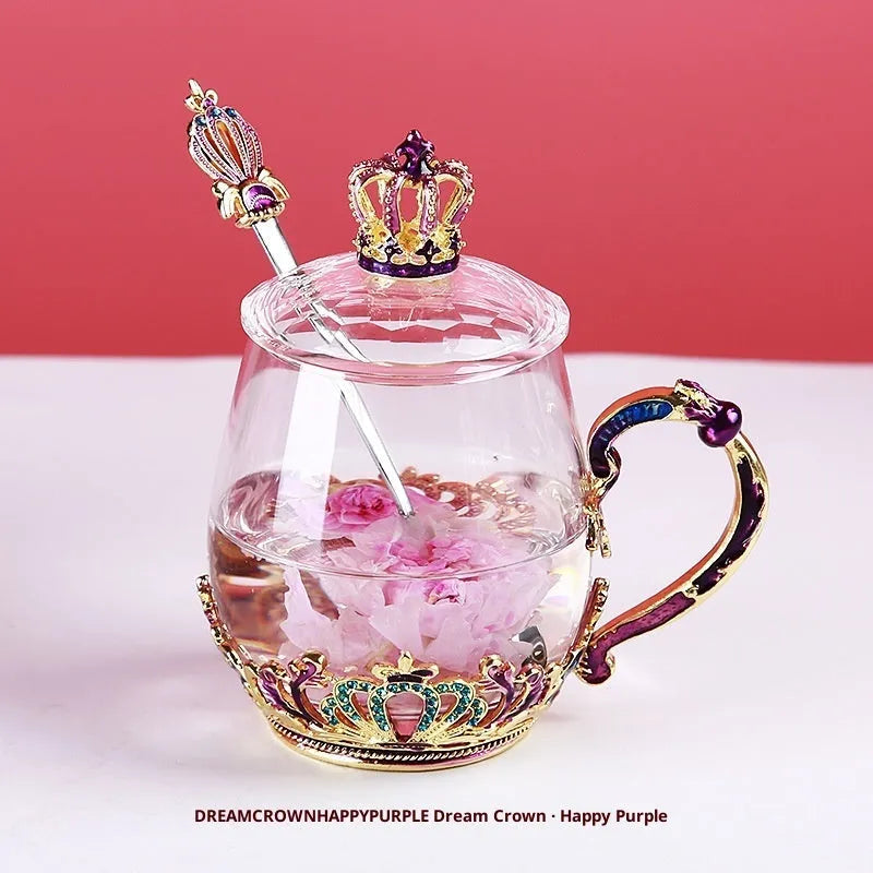 Household enamel cup crown flower tea cup set with heat-resistant glass cup, spoon, lid, and plate, round shape, 301-400ml
