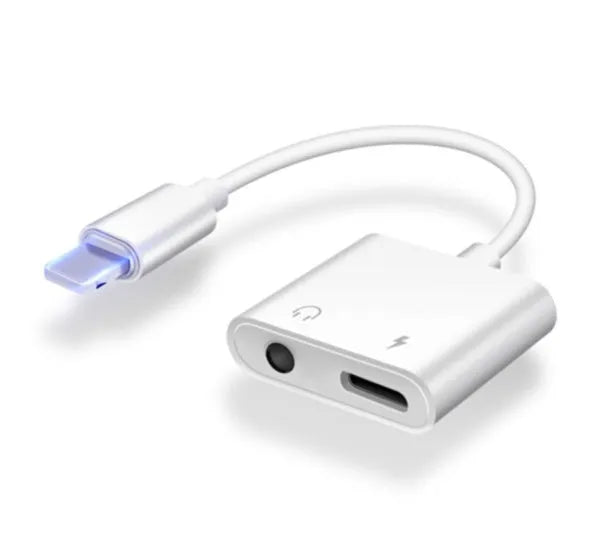 White lightning to 3.5mm audio adapter cable for iPhones showing three variant connectors