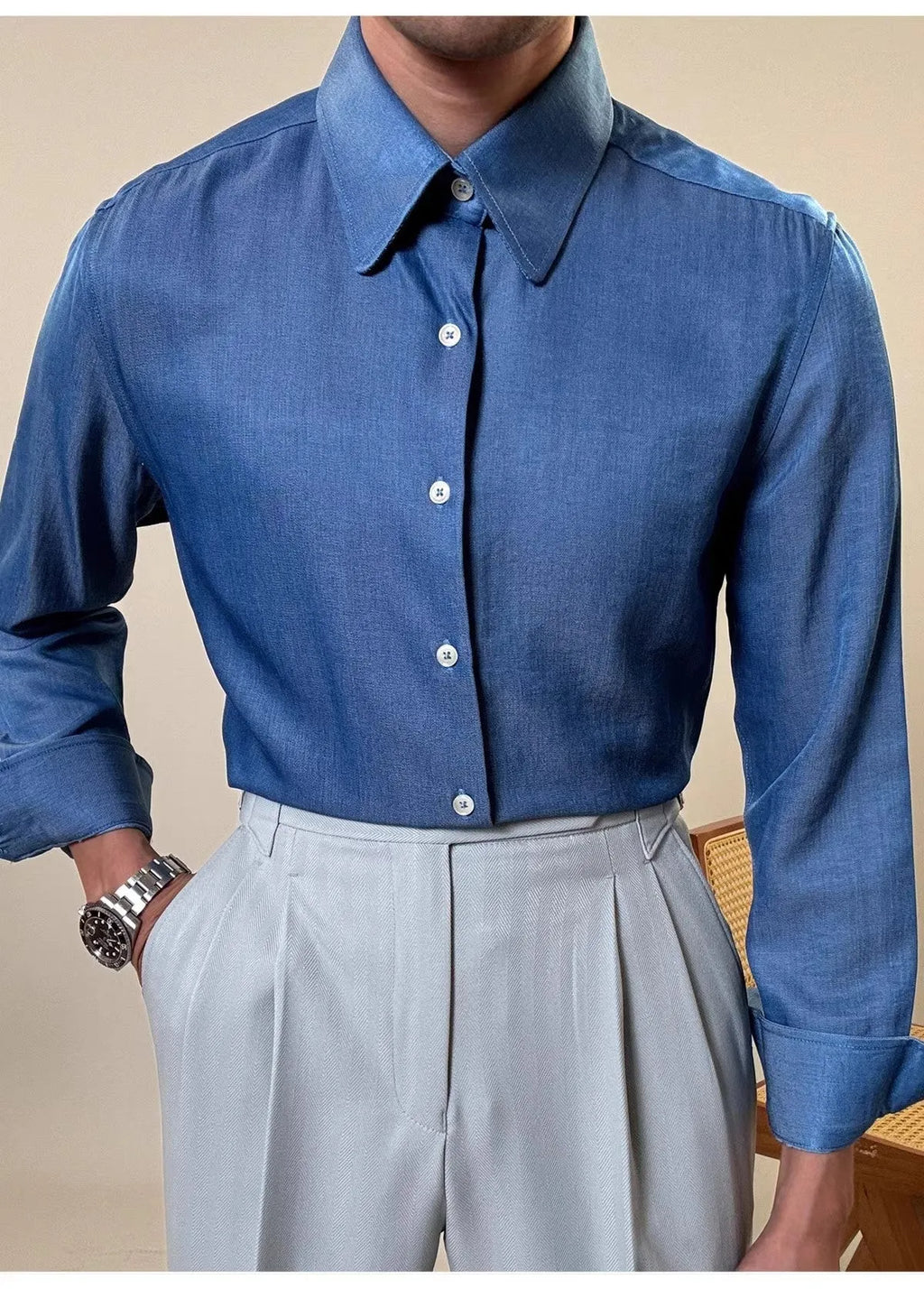 Men's blue slim fit long sleeve shirt with round collar business casual style