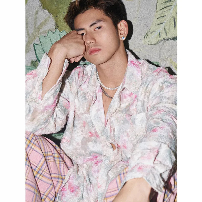 Pink and blue long sleeve shirt with a raised embossed floral pattern, shown in a loose fit.