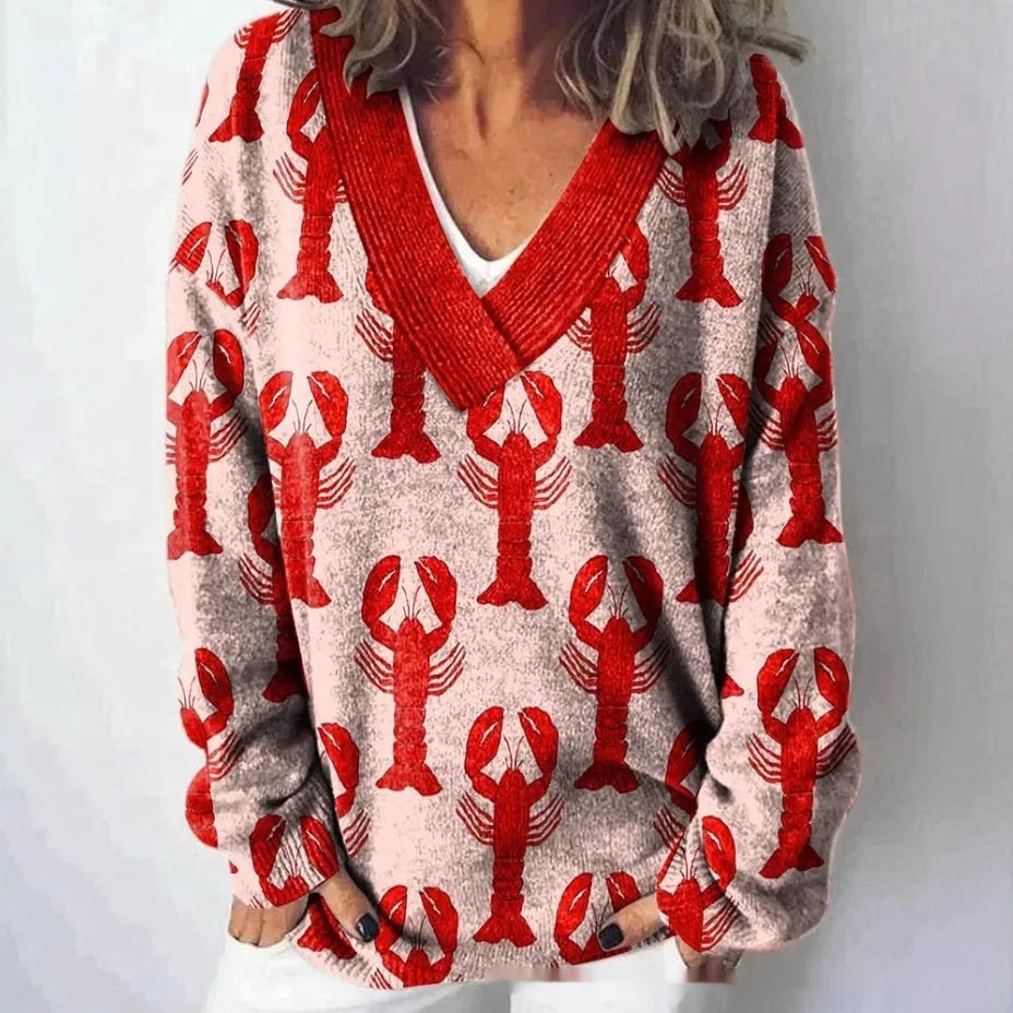 Women's floral pattern 3D printed V-neck sweatshirt with long sleeves