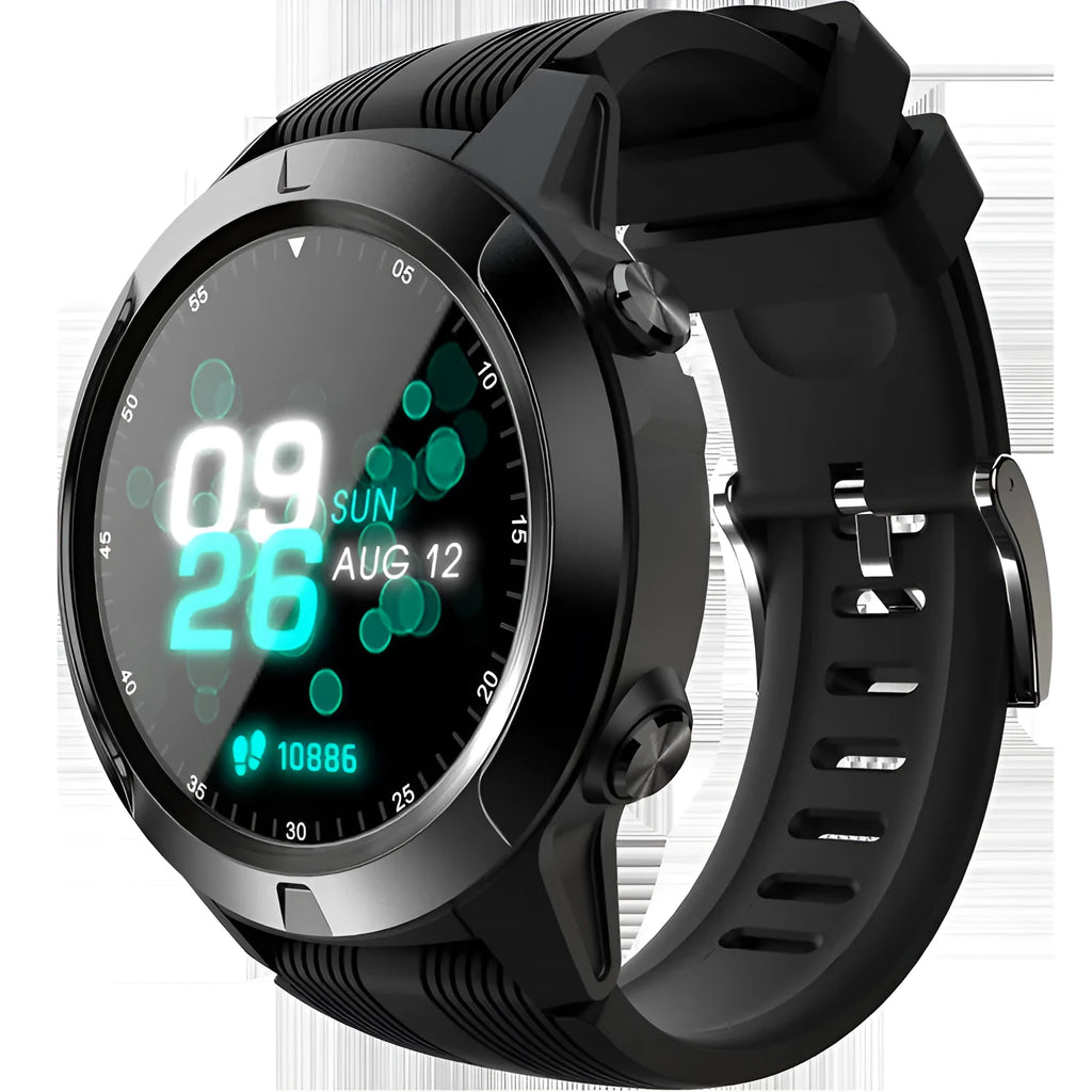 Black men's smart watch with Bluetooth calling and heart rate monitoring on wrist