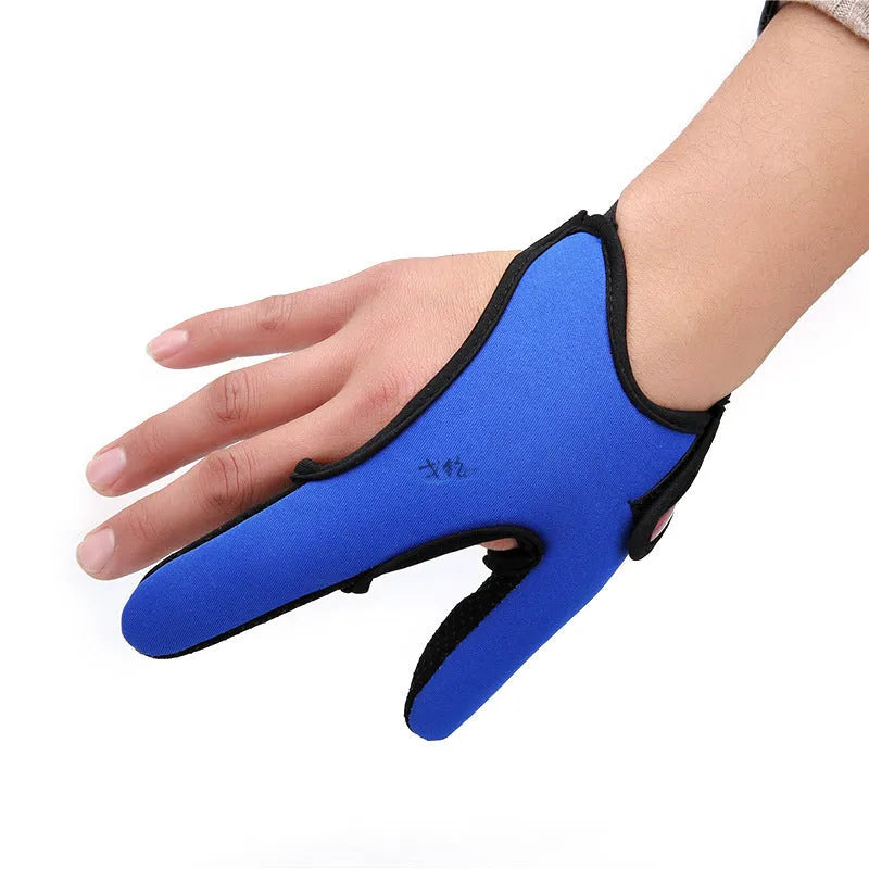 Two-finger fishing glove for tackle handling in blue, made from dive cloth and microfiber palm.
