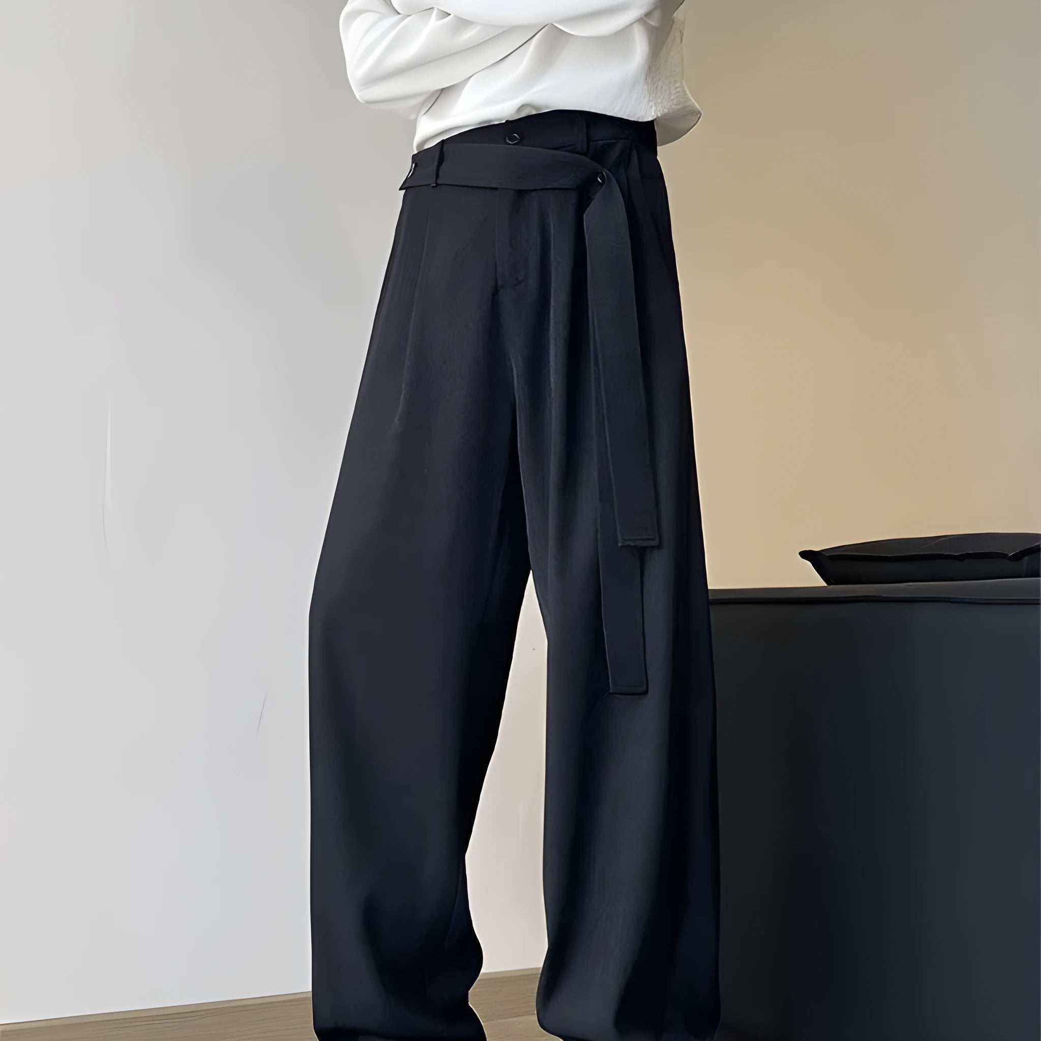 Men's plus size loose fit cotton blend casual trousers with ribbon oblique belt in black