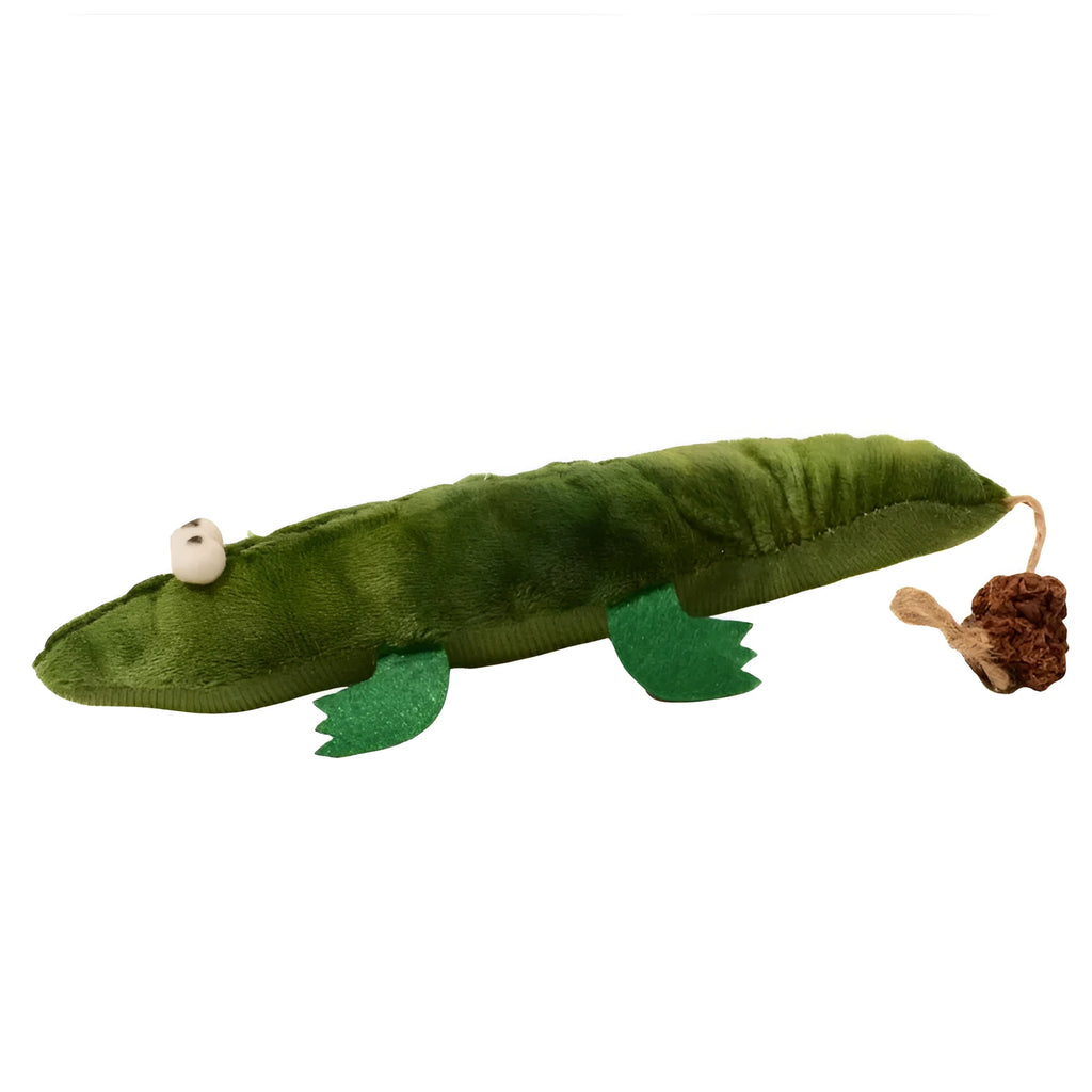 Green plush alligator cat toy with catnip and peppermint scent for oral cleansing and stress relief