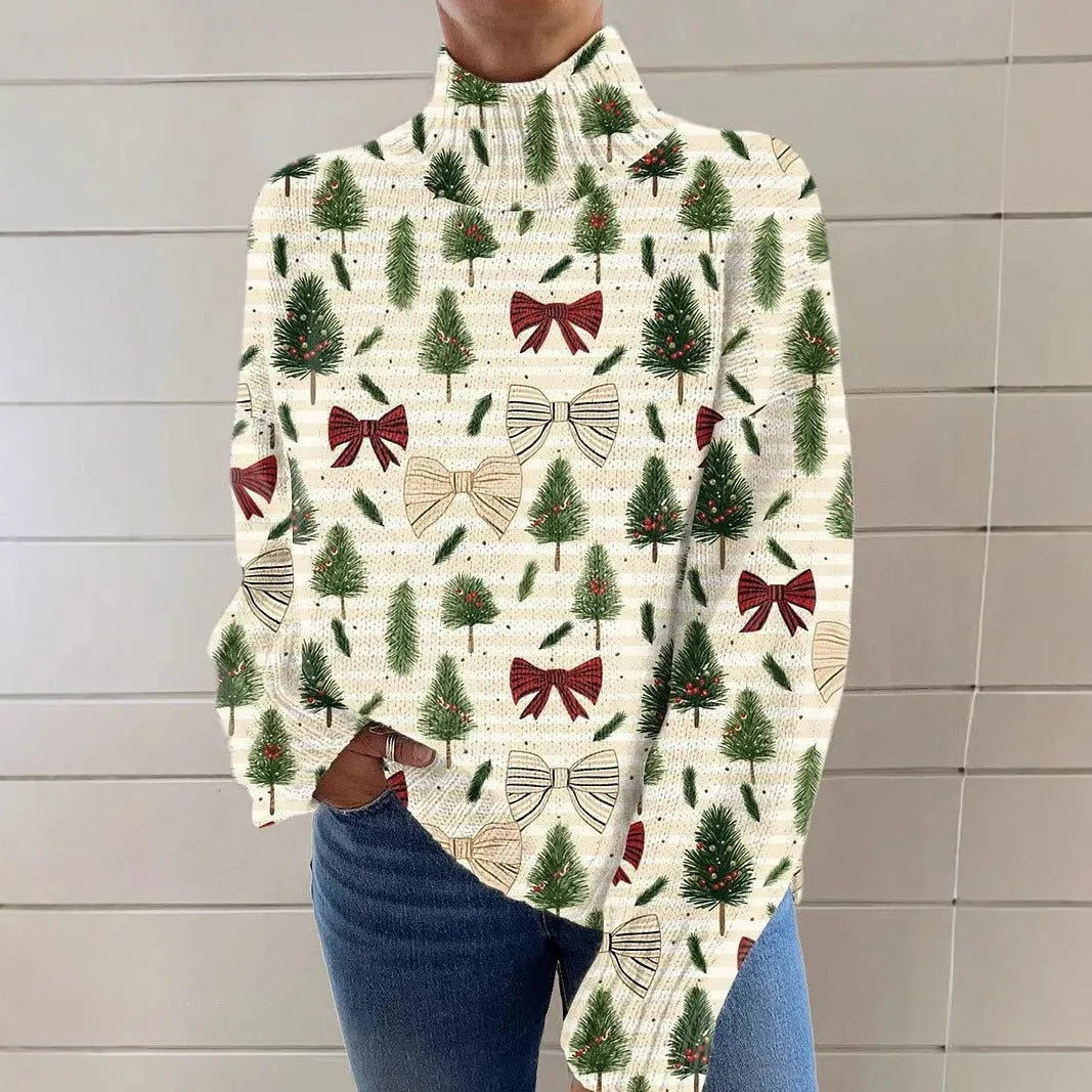 Women's loose-fit Christmas printed turtleneck sweater in macaron colours
