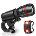 Bicycle safety set showing a front flashlight, a rear taillight, and a black mounting bracket on a white background.