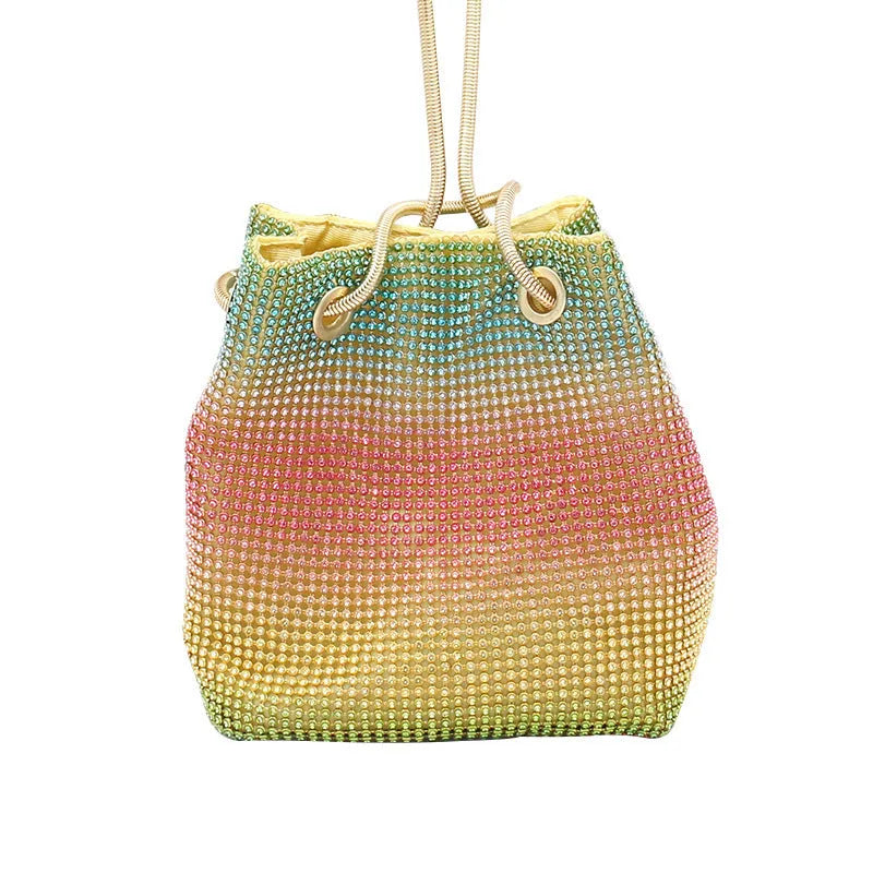 Colourful rainbow glitter rhinestone bucket bag with an adjustable metal chain strap.