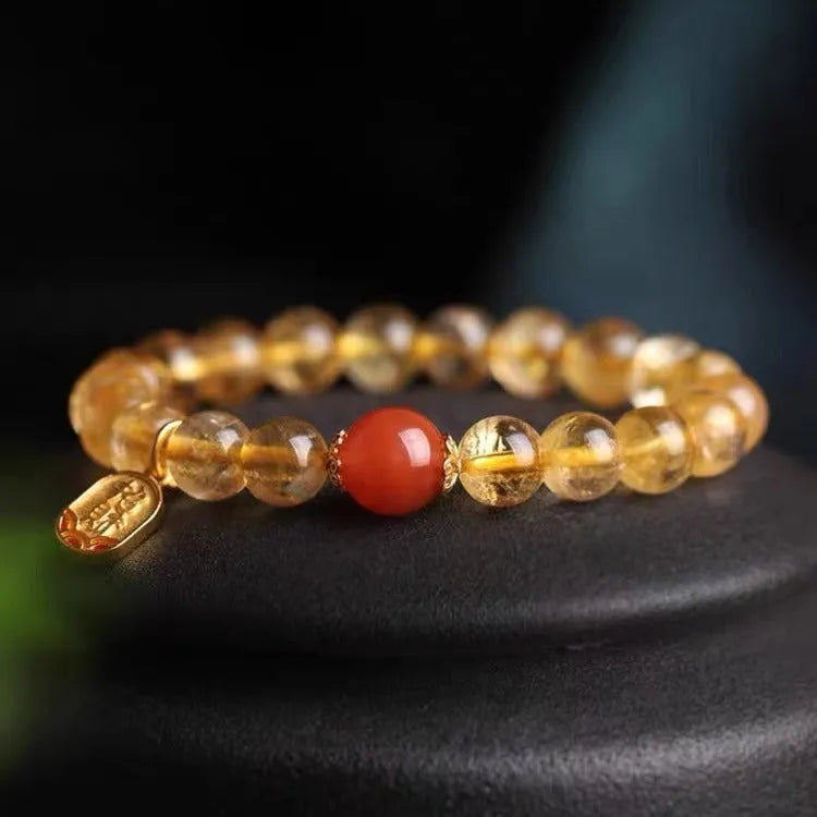 Natural red agate lucky beads bracelet with gold ruby charm in three size options