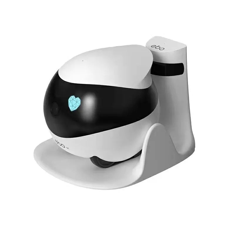 White smart home mobile surveillance robot camera on its automatic docking station.