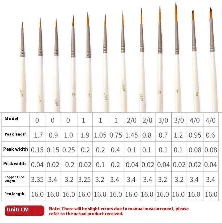 Set of 12 hook line art brushes with nylon wool bristles and wood handles for watercolour painting