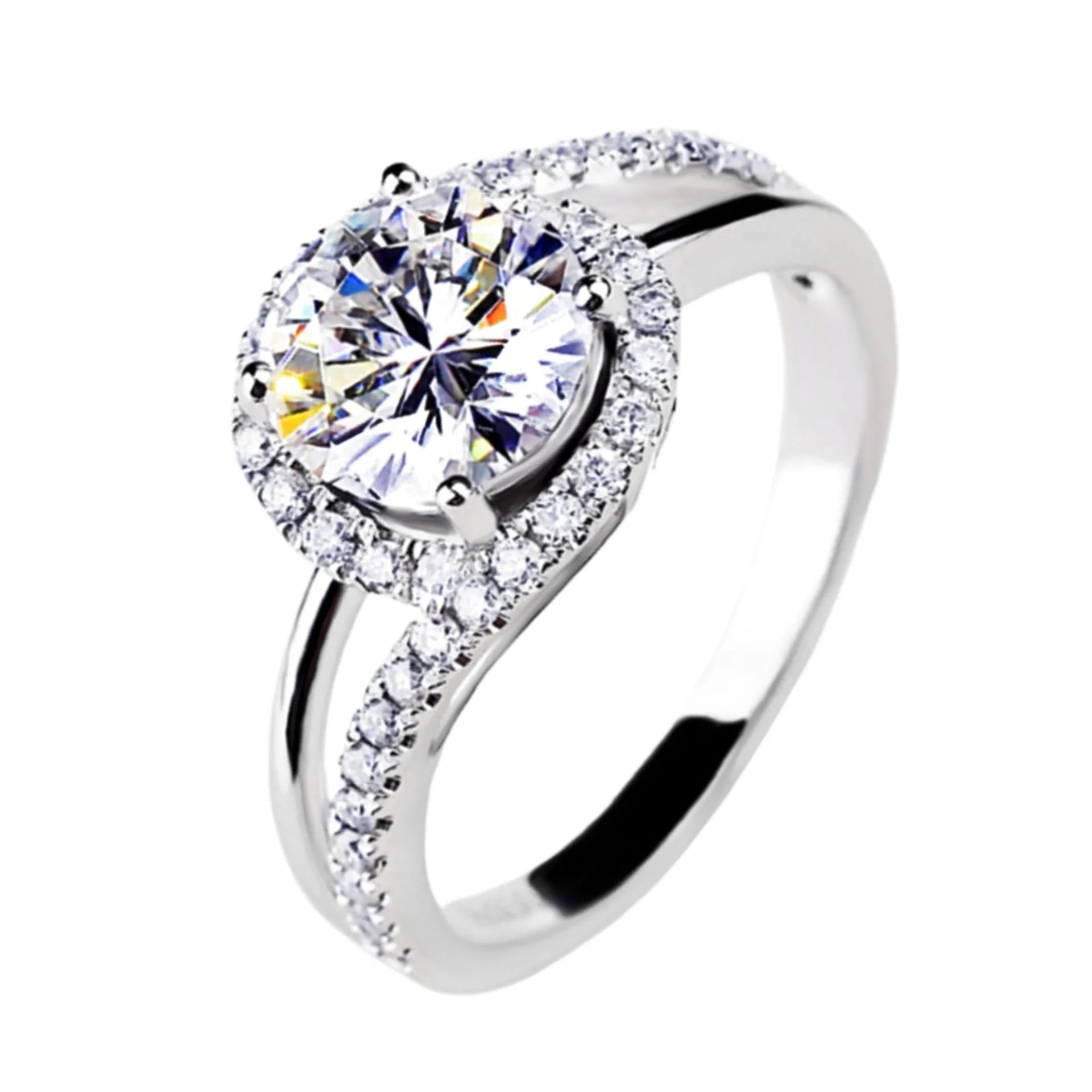 Diamond twist ring with small stones in white gold colour on copper base, adjustable opening