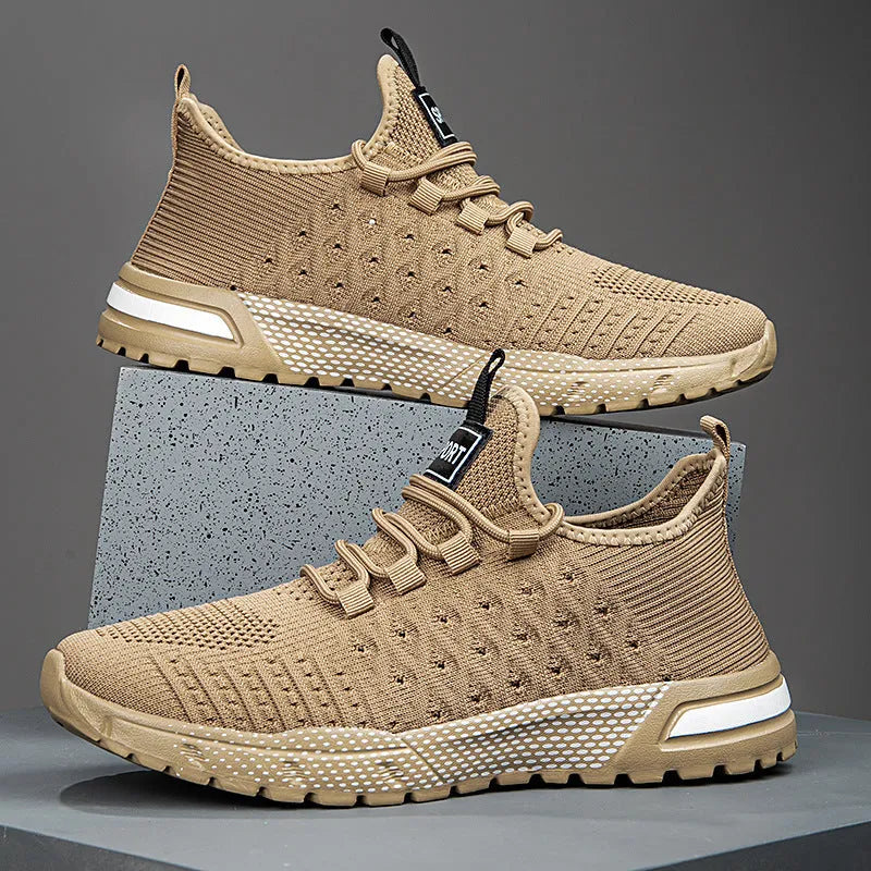 Men's solid colour casual shoes with a mesh upper, shown in army green.