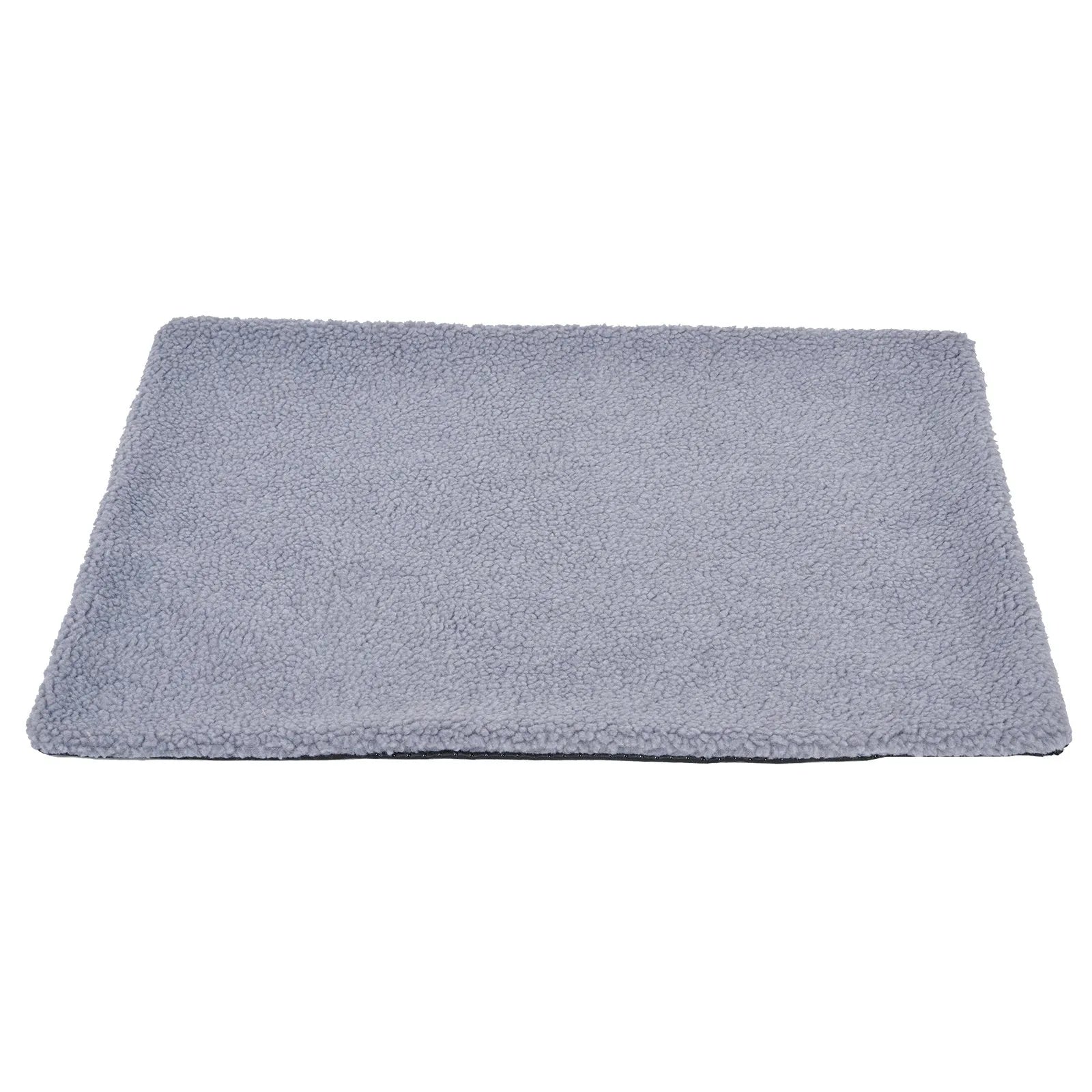 Grey self-heating plush pet pad for cats and dogs on a wooden floor
