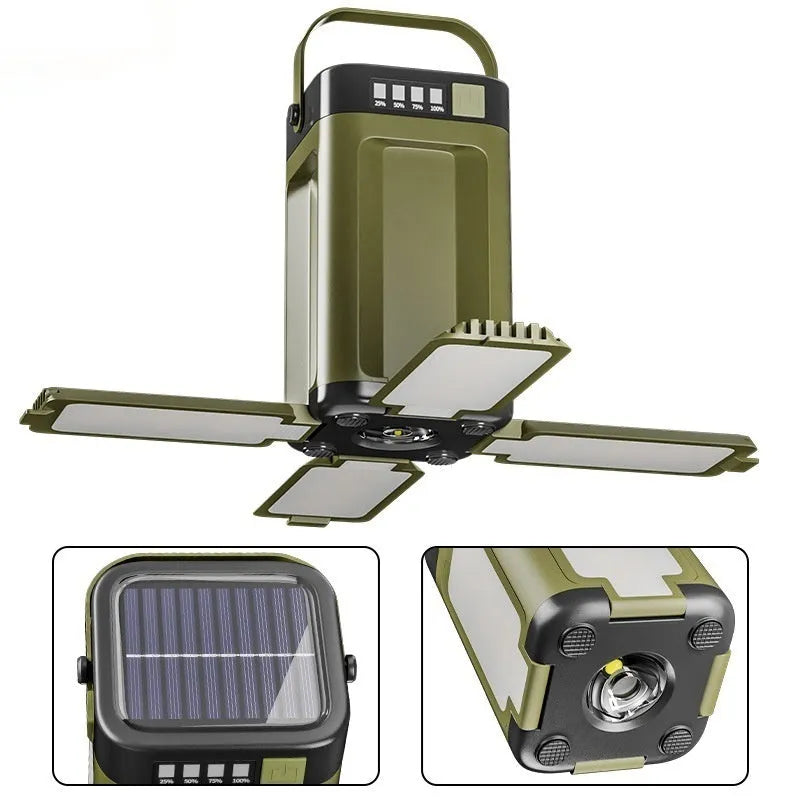 Multifunctional four-leaf folding solar camping light with press switch and 2000 mAh battery, 12x7x7 cm
