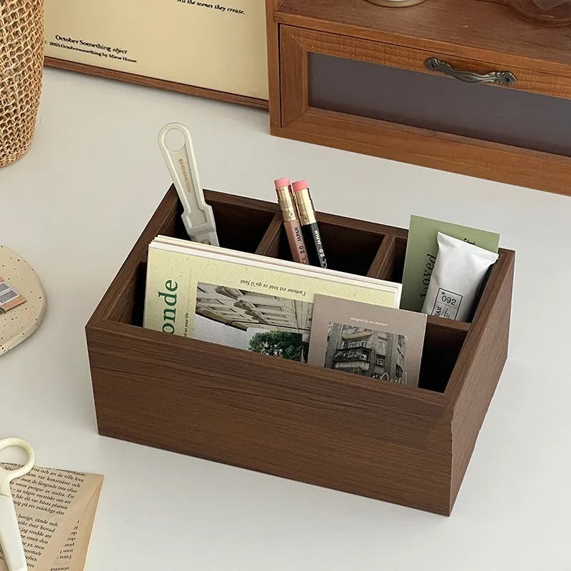 Retro wood desktop grid storage box – short four-cell tray with wooden surface