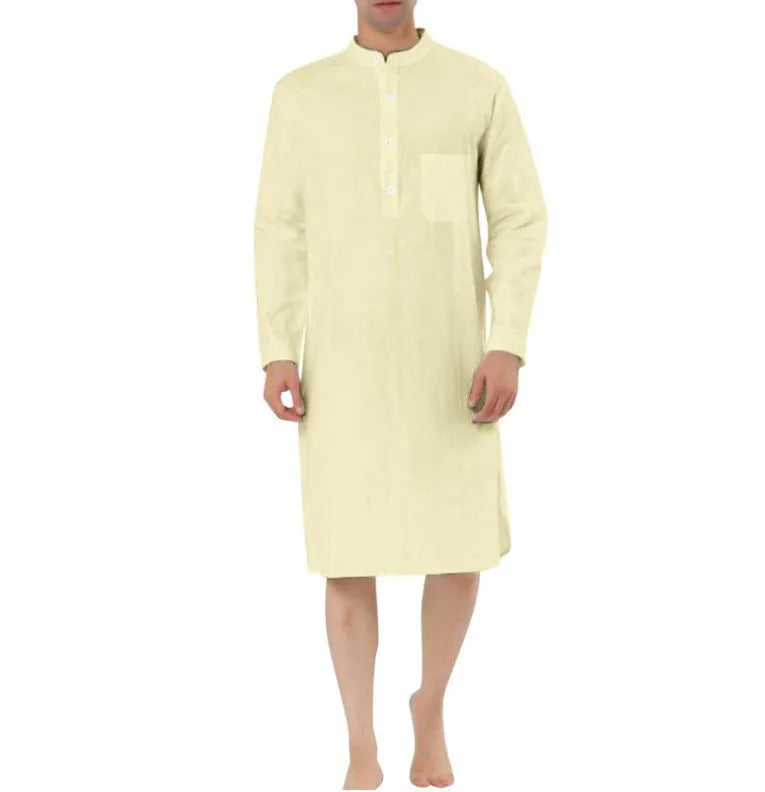 Men's cotton shirt robe in light blue colour with front pocket and shirt-style design