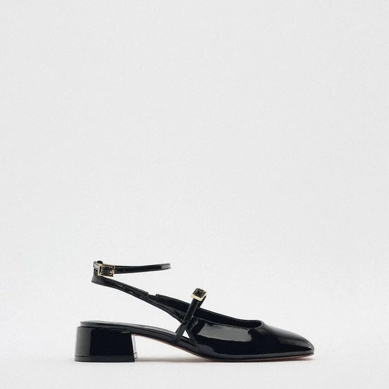 Women's black patent leather block heel square toe open back sandals with 4CM heel