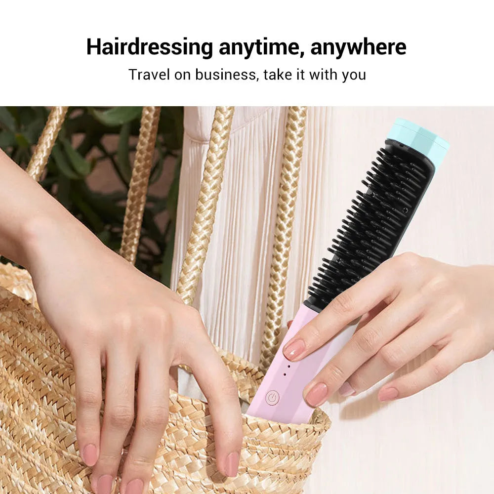 Pink cordless straightening comb with USB charging port and anti-scald design