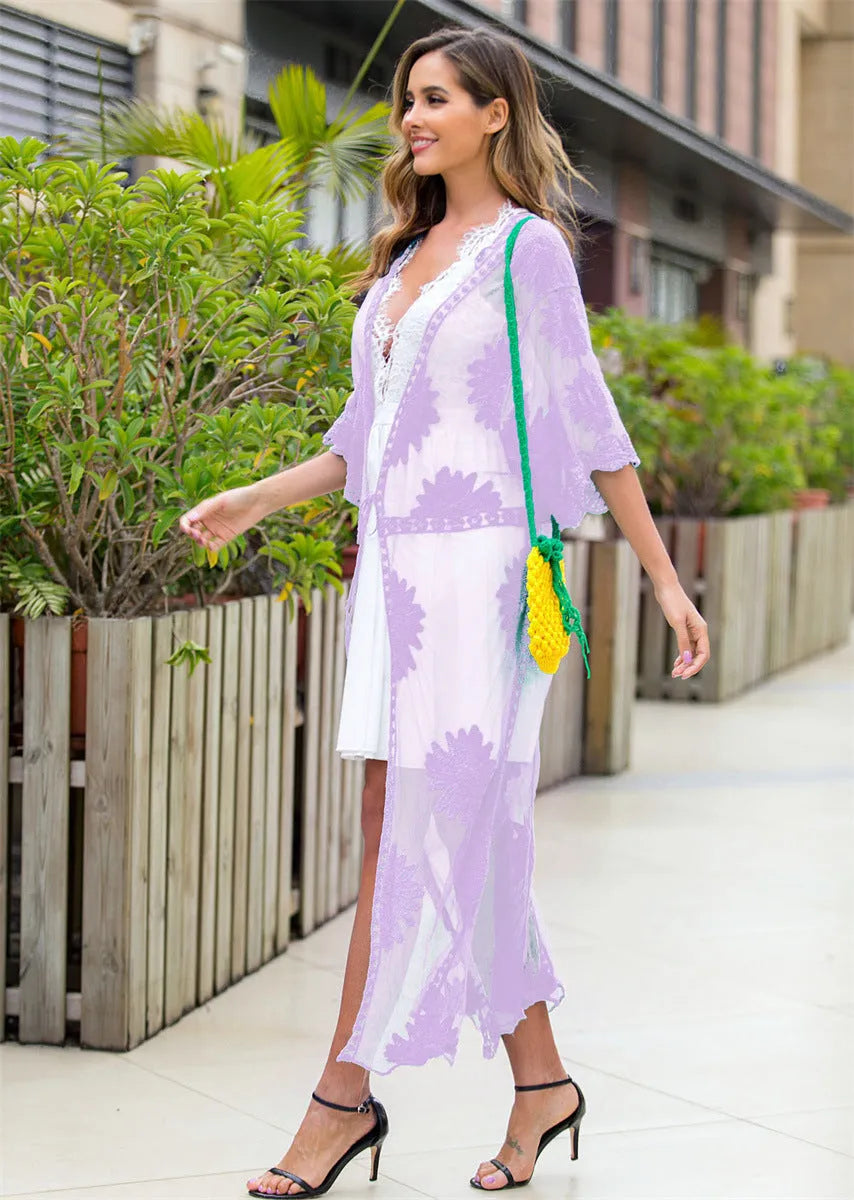 Light purple lace-embroidered beach dress cardigan blouse for women, free size.