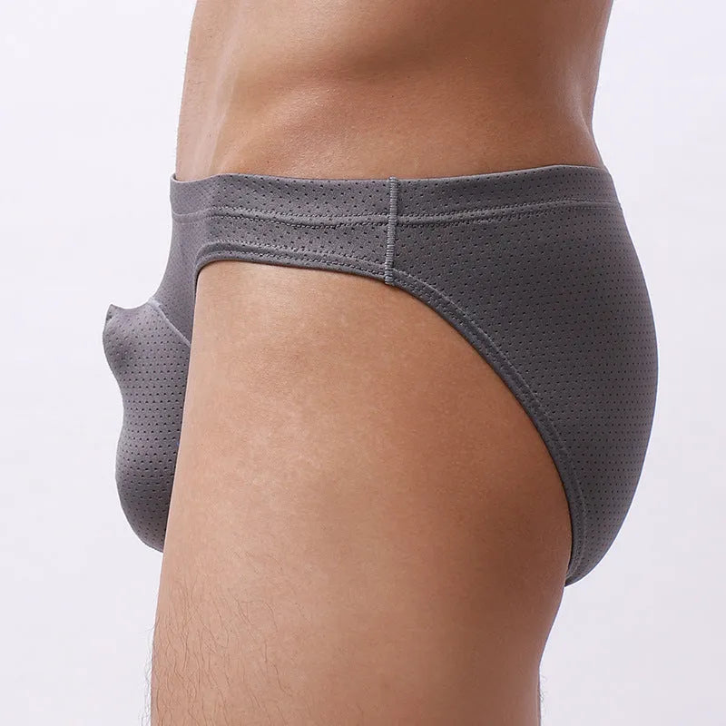 Men's loose transparent nylon underwear in blue, showing breathable fabric on a size chart.