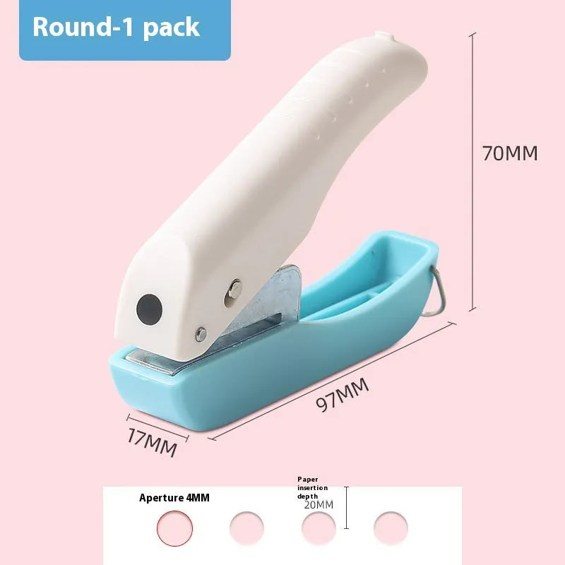Manual embossing hole punch machine with four pattern heads: love heart, star, 4mm round, and 6mm round.