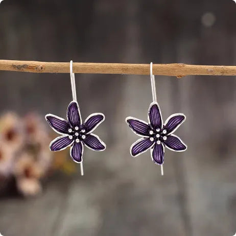 Women's purple flower-shaped earrings with alloy metal and electroplated finish