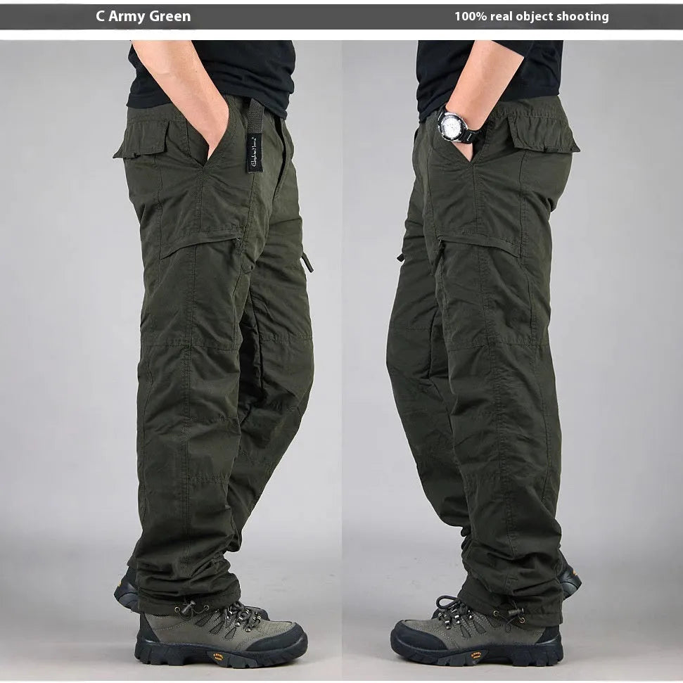 Men's thick cotton velvet trousers with wool lining in loose fit straight leg style