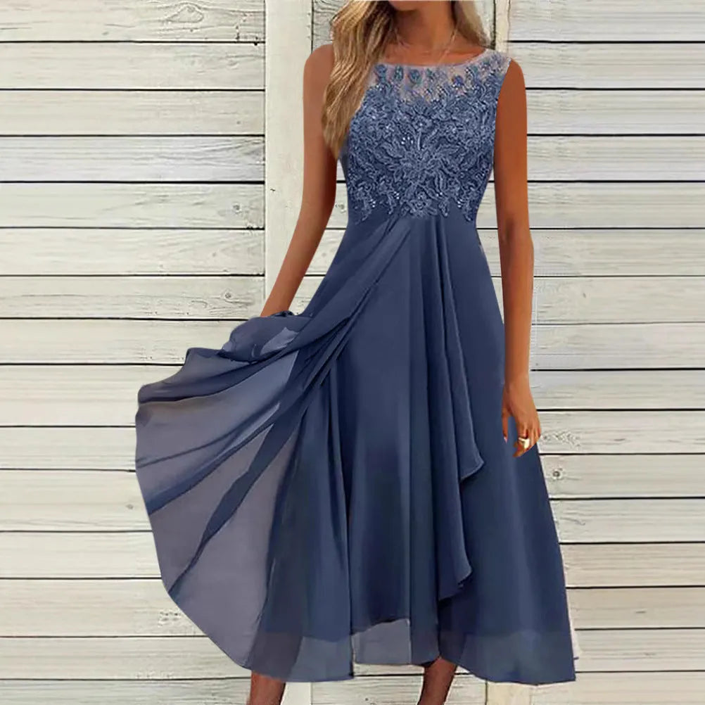 Women's sleeveless chiffon dress with lace hollow-out stitching in blue, green, or purple.